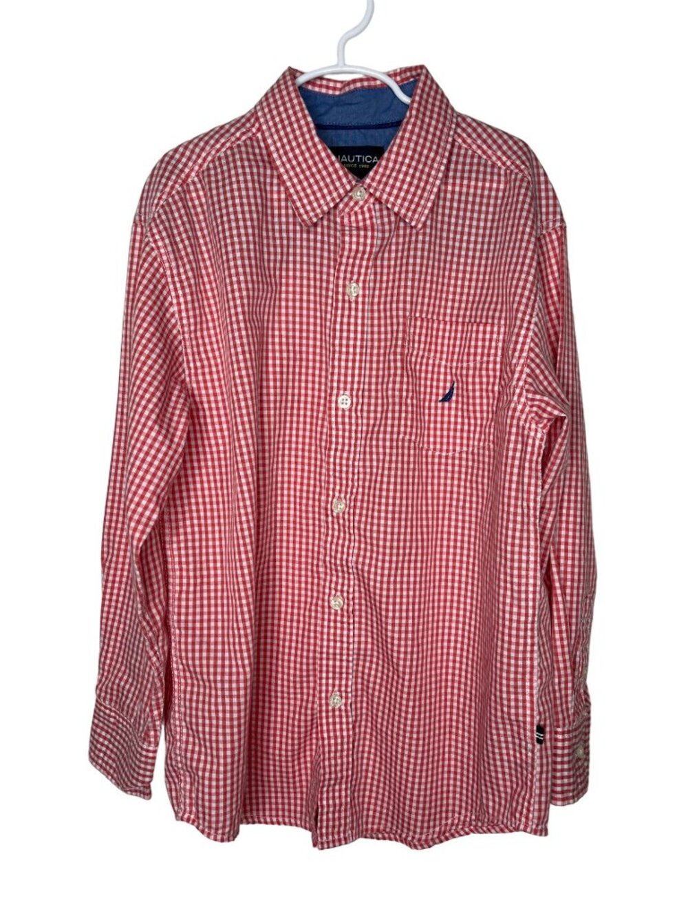 Nautica Boys Size 10 12 Red Gingham Button Down Shirt Long Sleeve Cotton